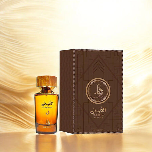 Perfume unisex Al Dhuha Al Absar Eau de Parfum 100ml con notas de bergamota, limón, mandarina, rosa, jazmín, iris, pachulí, vetiver y musgo de roble en frasco elegante y moderno