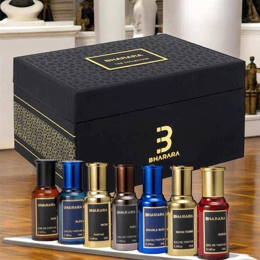 Set de 7 mini perfumes Bharara 7x10ml con fragancias unisex árabes que incluyen Bharara King, Double Bleu, Bleu, Don, Niche, Niche Femme y Queen, con aromas amaderados, especiados, florales y gourmand en frascos elegantes