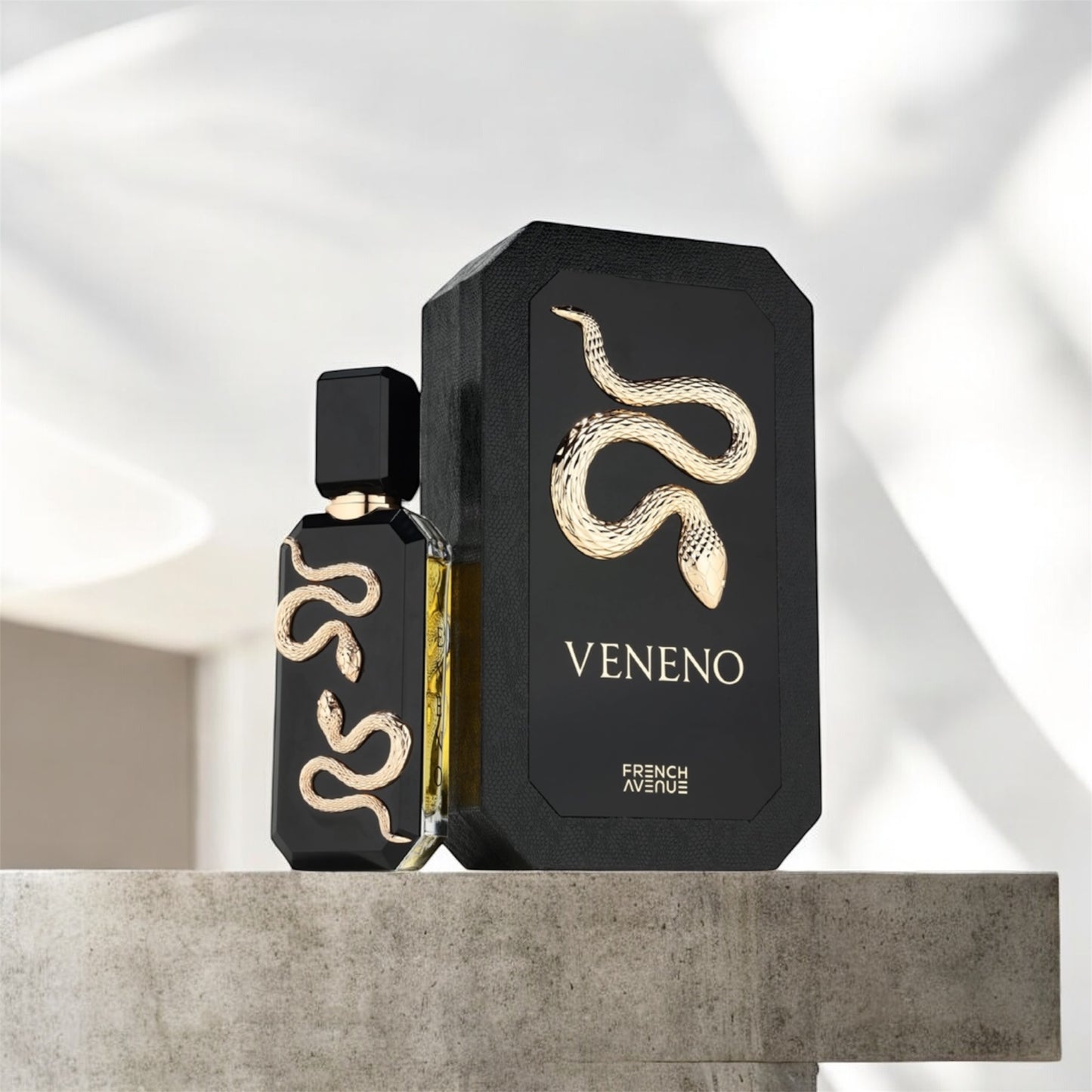 Perfume unisex Veneno Black French Avenue Eau de Parfum 100ml con notas de bergamota, rosa, ámbar y maderas nobles en frasco negro elegante