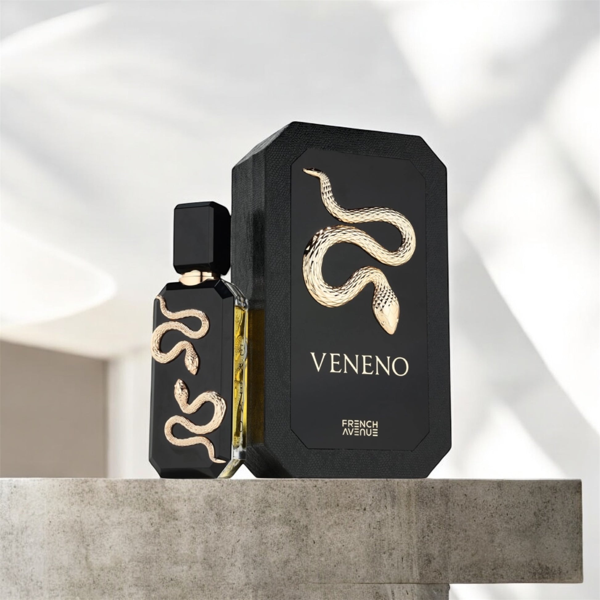 Perfume unisex Veneno Black French Avenue Eau de Parfum 100ml con notas de bergamota, rosa, ámbar y maderas nobles en frasco negro elegante