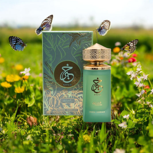 Perfume unisex Khair Pistachio de Paris Corner en frasco elegante de 100 ml, fragancia gourmand con pistacho, vainilla y ámbar.